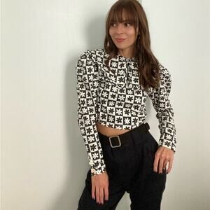 Lisa Says Gah | Wendy Top Daisy Black White Floral Checkerboard Collar Top S